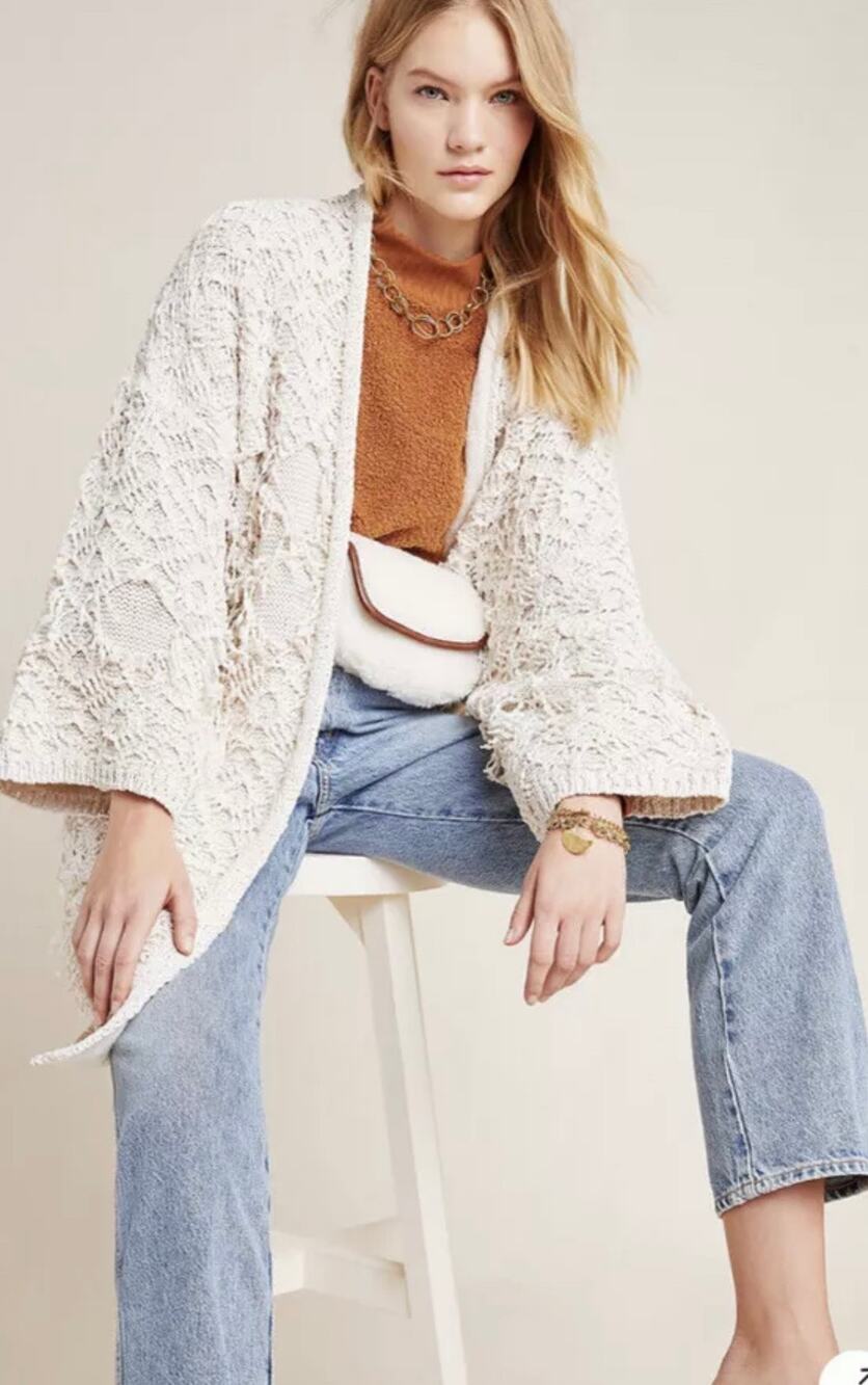 Anthropologie Akemi Kin Fringe Kimono Cardigan Sweater Cream Ivory Duster OS